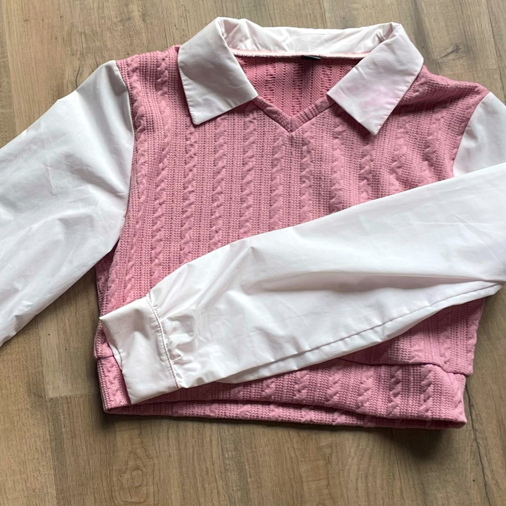 Cropped Pink Collar Cable Knit 2 in 1 Blouse
